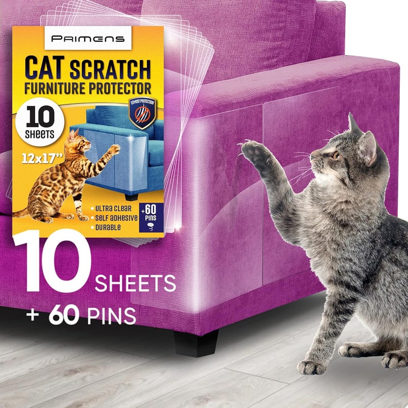 Primens Heavy Duty Cat Scratch Deterrent Furniture Protectors for Sofa, Doors, Clear Couch Protectors from Cats Scratching, Anti Cat Scratch Tape Guards (Transparent, 10 Sheets 17x12) - Image 1